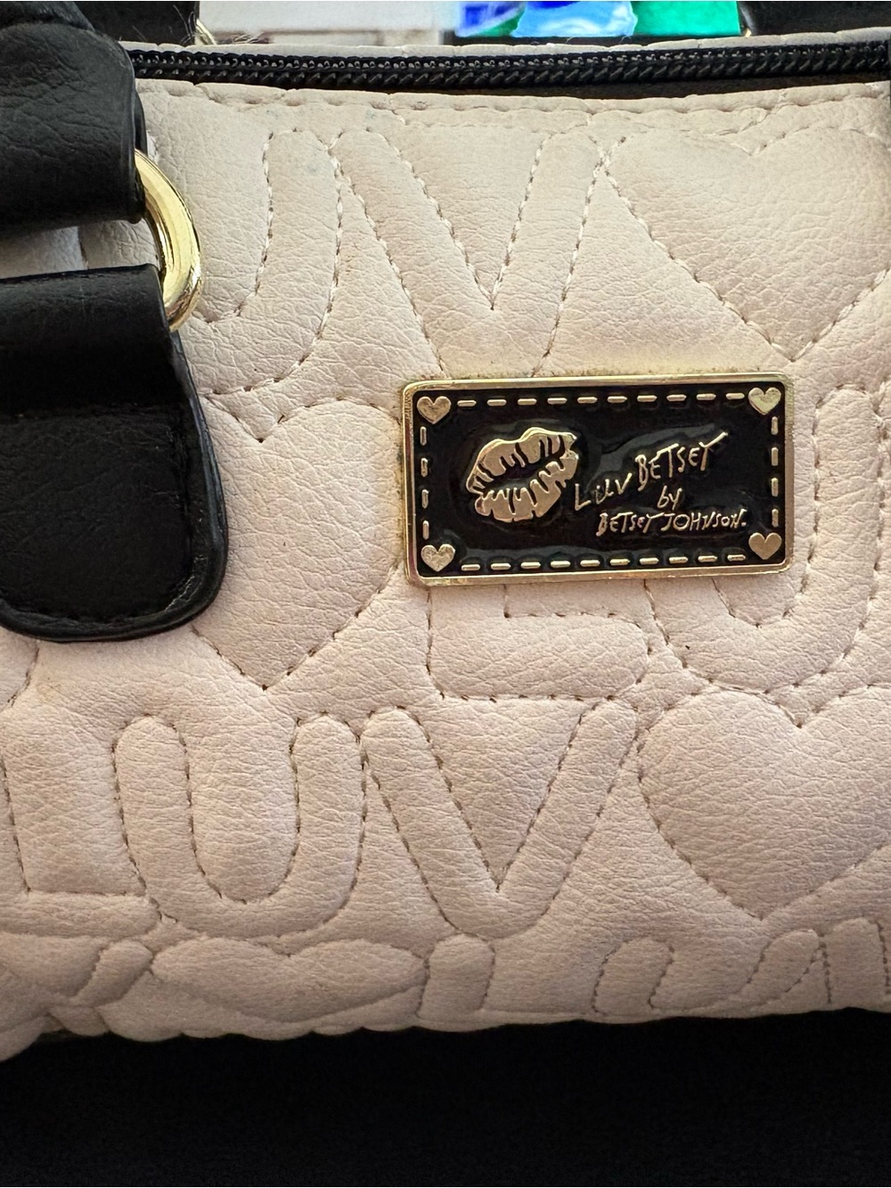 Betsey Johnson Cream Quilted Shoulder Bag with Black Trim